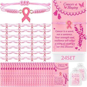 24 Pack Breast Cancer Awareness Bracelets Pink Ribbon Adjustable Cord Gifts